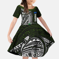 Pohnpei Federated States Of Micronesia Family Matching Off The Shoulder Long Sleeve Dress and Hawaiian Shirt Polynesian Tribal Heritage Art With Kaselehlie State Seal TS04 Daughter's Dress Green White - Polynesian Pride