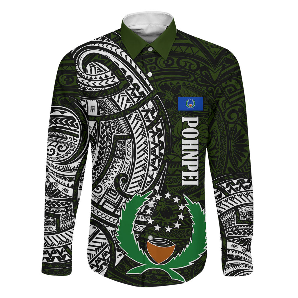 Pohnpei Federated States Of Micronesia Family Matching Off The Shoulder Long Sleeve Dress and Hawaiian Shirt Polynesian Tribal Heritage Art With Kaselehlie State Seal TS04 Dad's Shirt - Long Sleeve Green White - Polynesian Pride