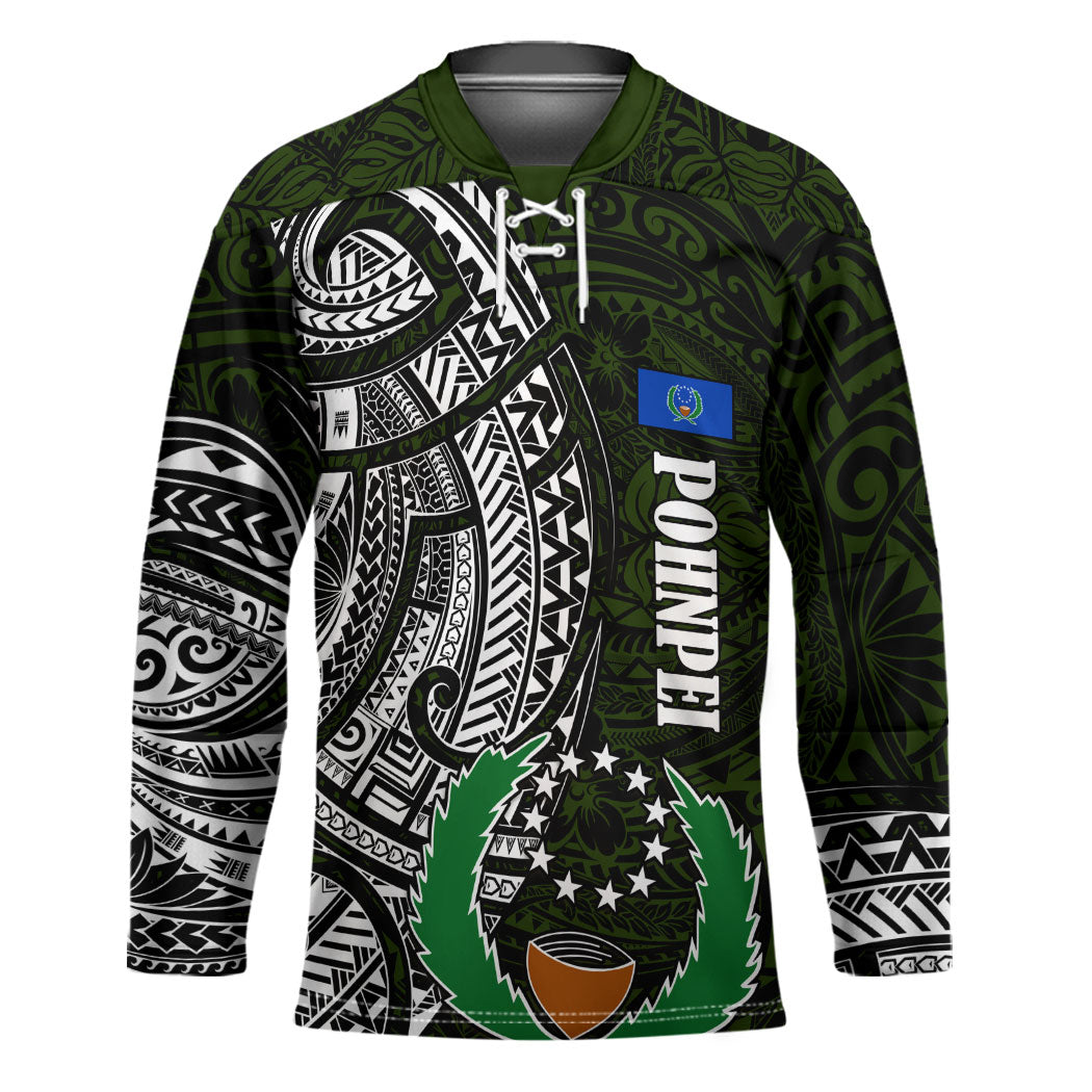 Pohnpei Federated States Of Micronesia Hockey Jersey Polynesian Tribal Heritage Art With Kaselehlie State Seal TS04 Unisex Green White - Polynesian Pride