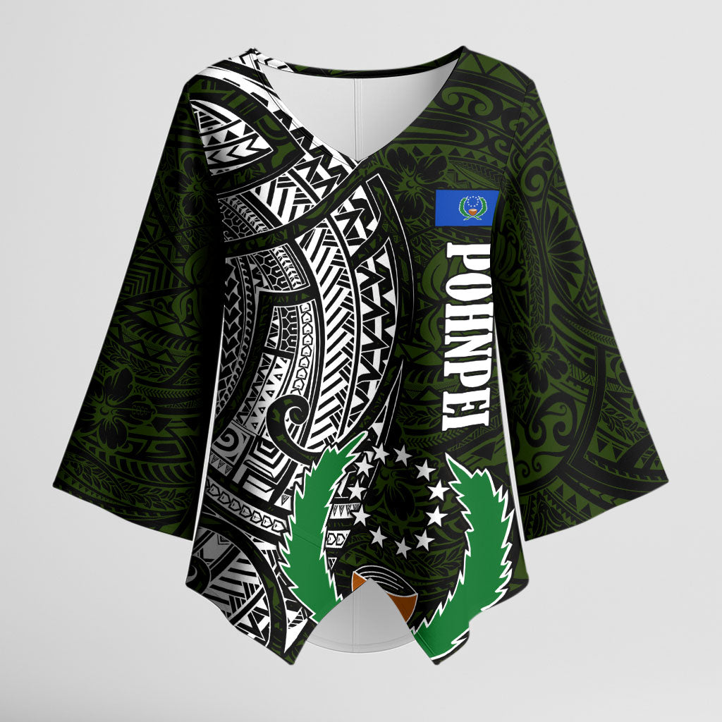 Pohnpei Federated States Of Micronesia Kimono Sleeve Blouse Polynesian Tribal Heritage Art With Kaselehlie State Seal TS04 Female Green White - Polynesian Pride