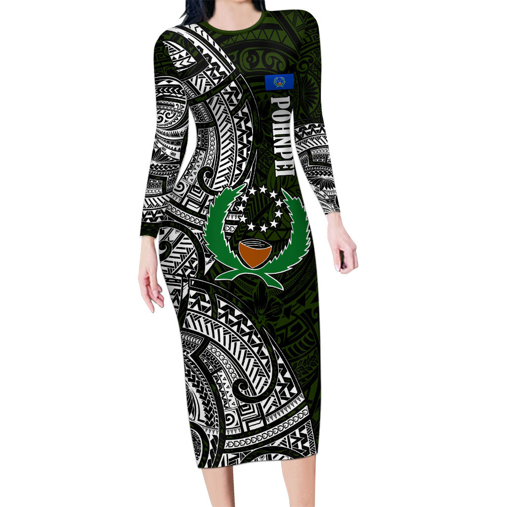 Pohnpei Federated States Of Micronesia Long Sleeve Bodycon Dress Polynesian Tribal Heritage Art With Kaselehlie State Seal