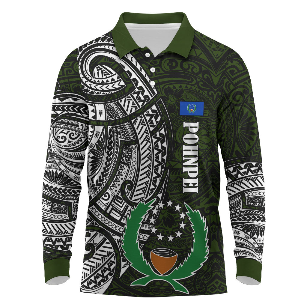 Pohnpei Federated States Of Micronesia Long Sleeve Polo Shirt Polynesian Tribal Heritage Art With Kaselehlie State Seal TS04 Green White - Polynesian Pride