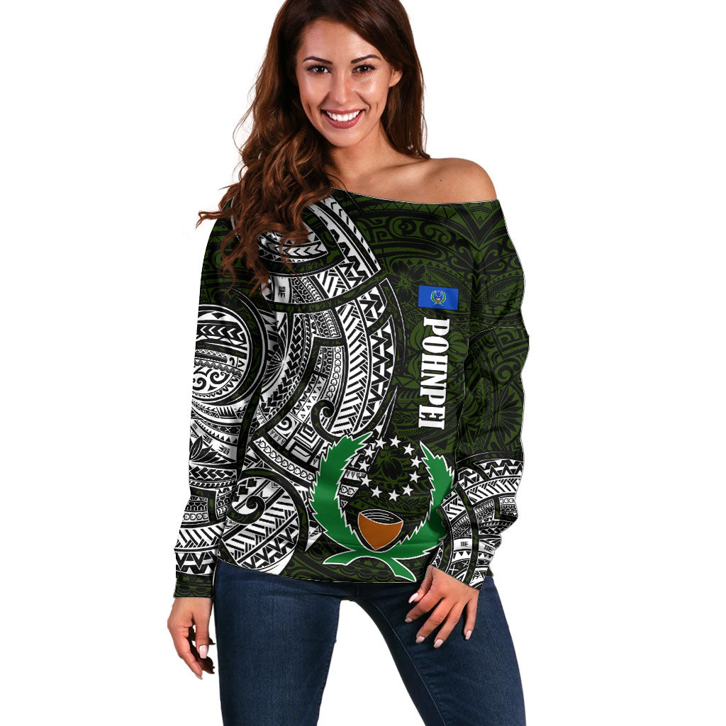 Pohnpei Federated States Of Micronesia Off Shoulder Sweater Polynesian Tribal Heritage Art With Kaselehlie State Seal