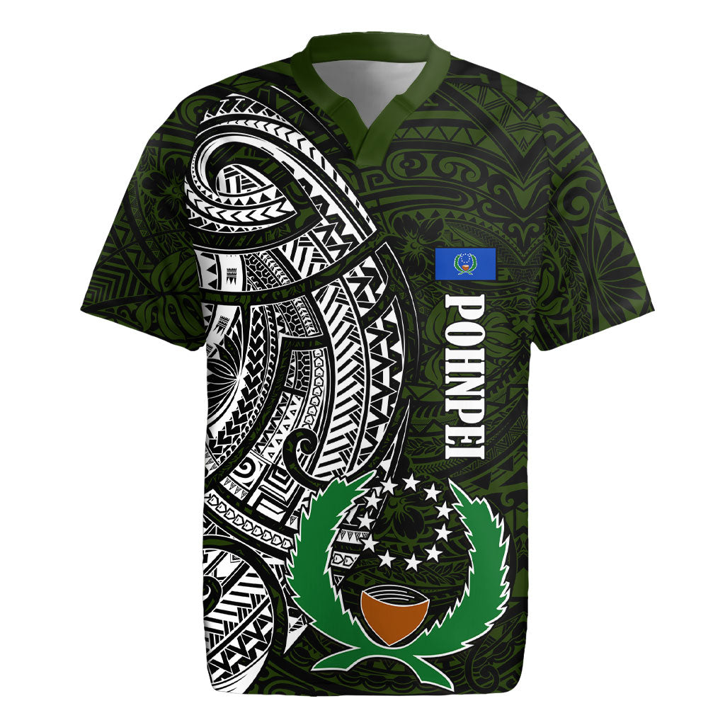 Pohnpei Federated States Of Micronesia Rugby Jersey Polynesian Tribal Heritage Art With Kaselehlie State Seal TS04 Green White - Polynesian Pride