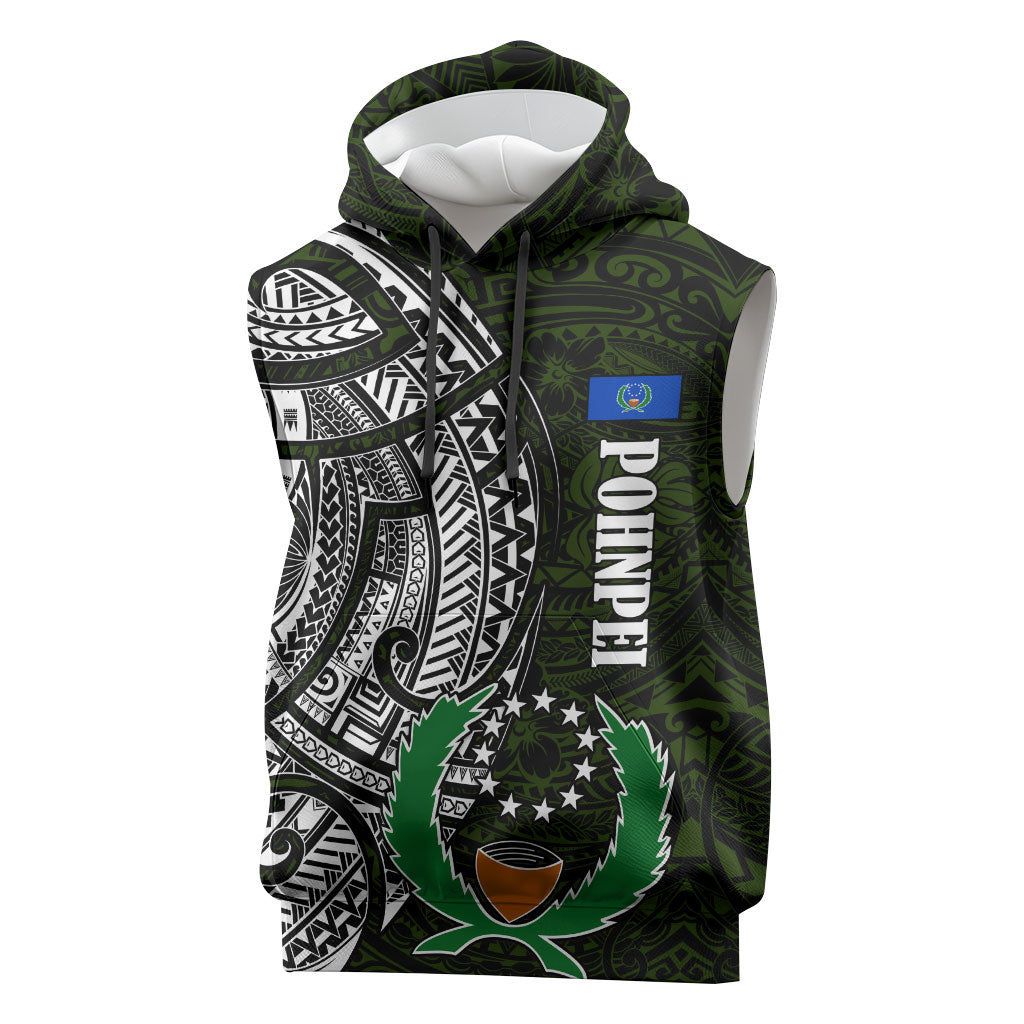 Pohnpei Federated States Of Micronesia Sleeveless Hoodie Polynesian Tribal Heritage Art With Kaselehlie State Seal TS04 Green White - Polynesian Pride