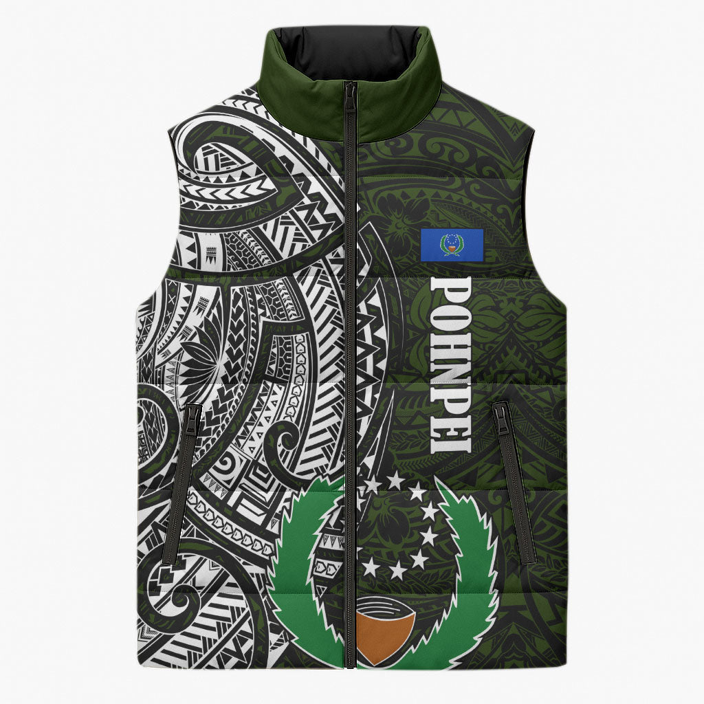 Pohnpei Federated States Of Micronesia Sleeveless Puffer Jacket Polynesian Tribal Heritage Art With Kaselehlie State Seal TS04 Unisex Green White - Polynesian Pride