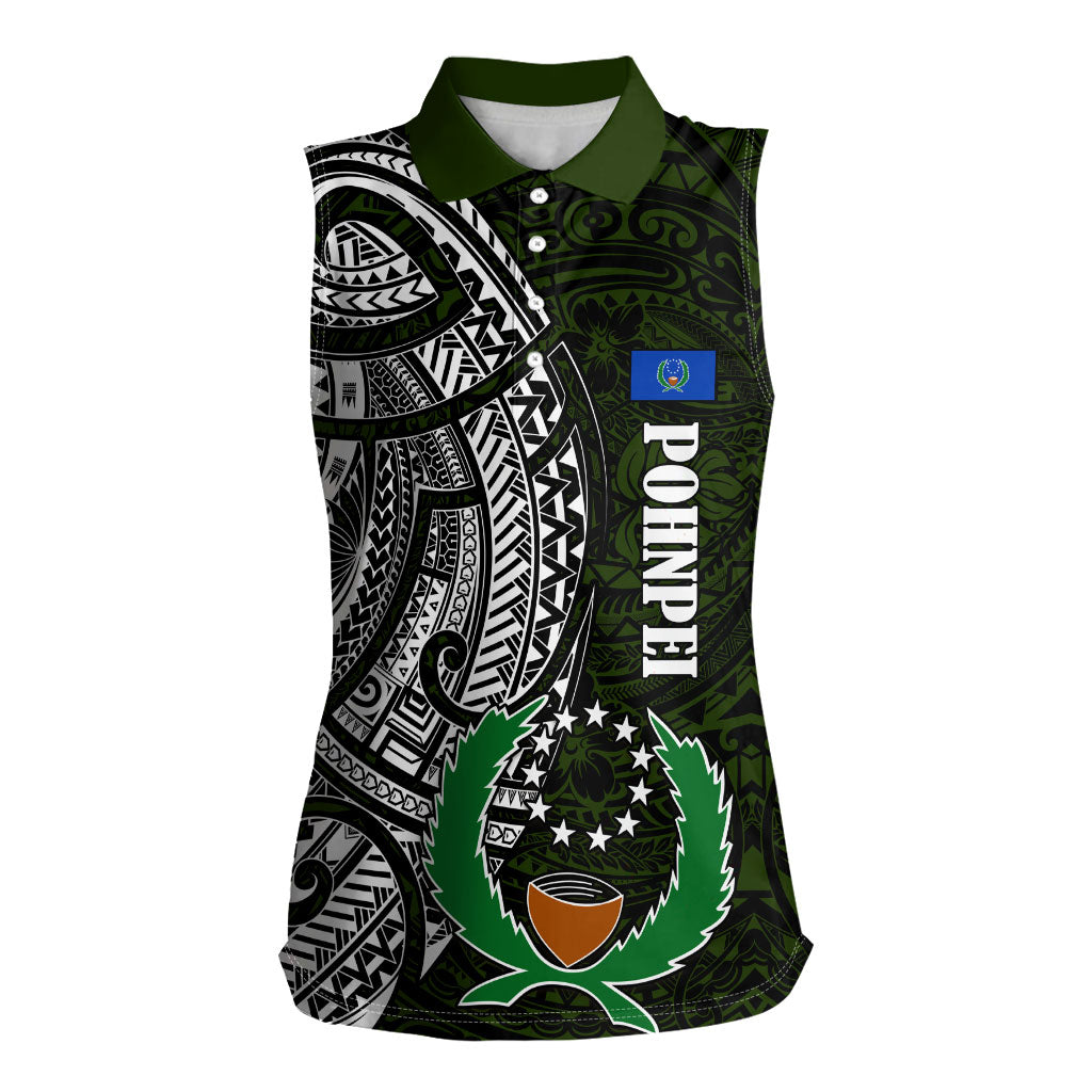 Pohnpei Federated States Of Micronesia Women Sleeveless Polo Shirt Polynesian Tribal Heritage Art With Kaselehlie State Seal TS04 Female Green White - Polynesian Pride