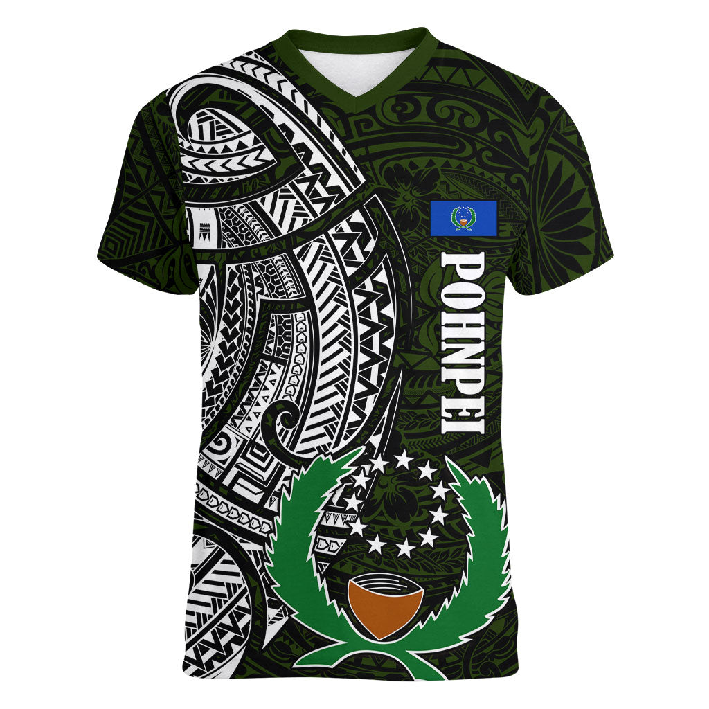 Pohnpei Federated States Of Micronesia Women V-Neck T-Shirt Polynesian Tribal Heritage Art With Kaselehlie State Seal