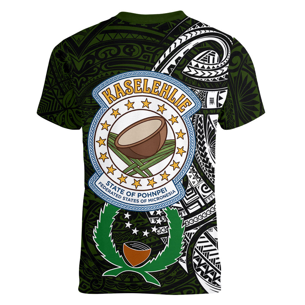 Pohnpei Federated States Of Micronesia Women V-Neck T-Shirt Polynesian Tribal Heritage Art With Kaselehlie State Seal