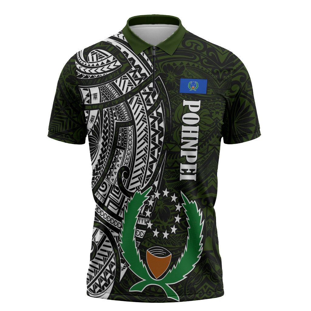 Pohnpei Federated States Of Micronesia Zipper Polo Shirt Polynesian Tribal Heritage Art With Kaselehlie State Seal TS04 Green White - Polynesian Pride