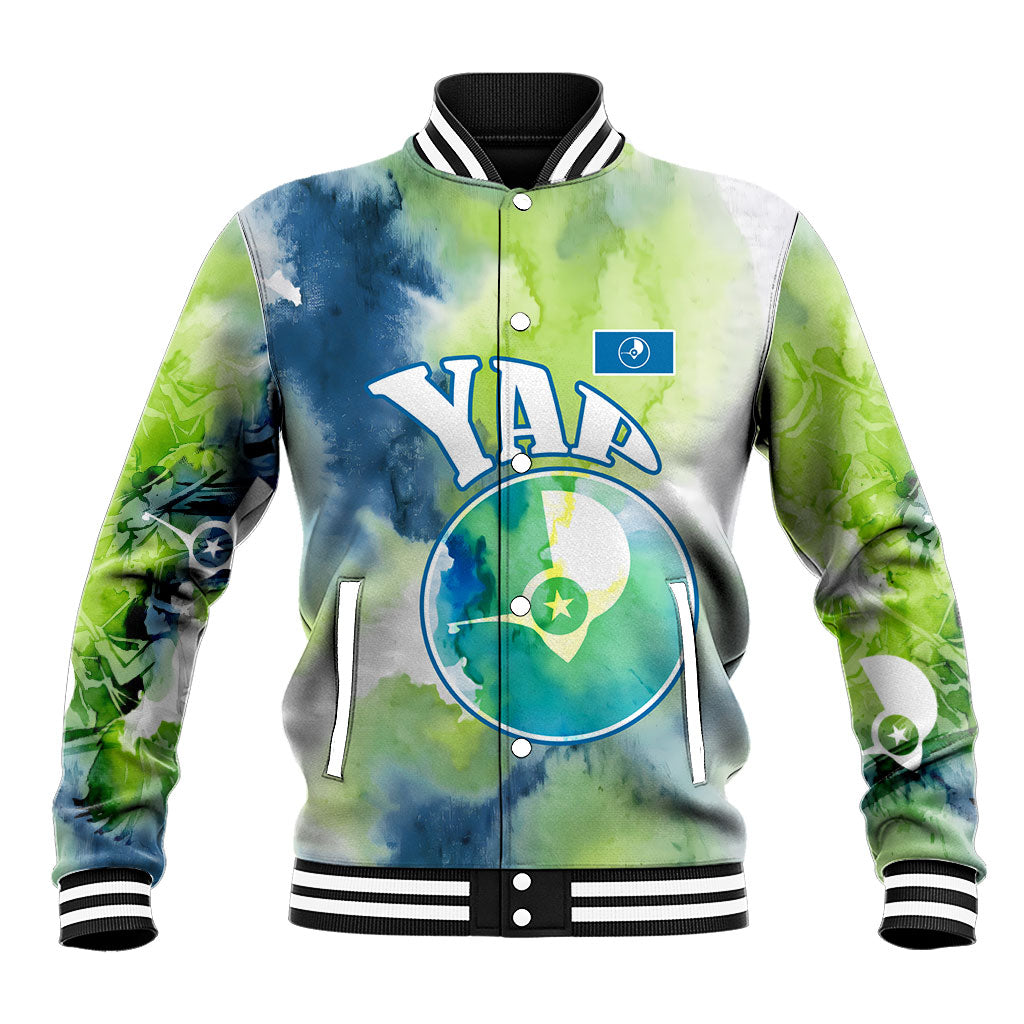 Yap Island Heritage Cultural Symbol Baseball Jacket Micronesian Flag Stone Money Watercolor Abstract Art Design