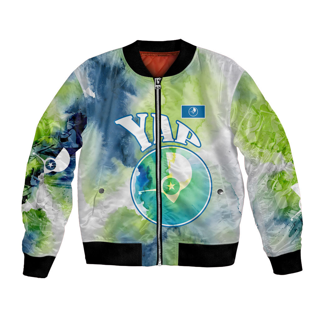 Yap Island Heritage Cultural Symbol Bomber Jacket Micronesian Flag Stone Money Watercolor Abstract Art Design