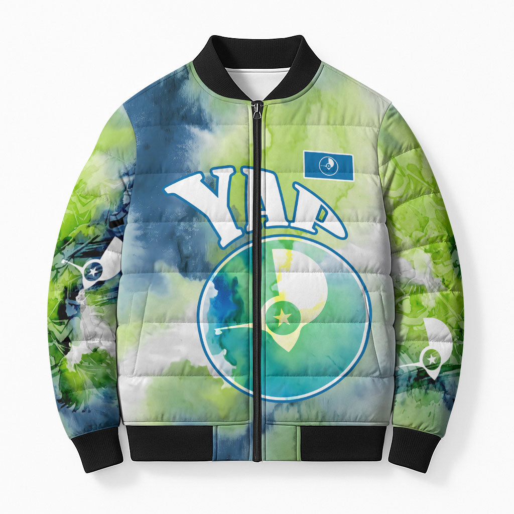Yap Island Heritage Cultural Symbol Bomber Puffer Jacket Micronesian Flag Stone Money Watercolor Abstract Art Design