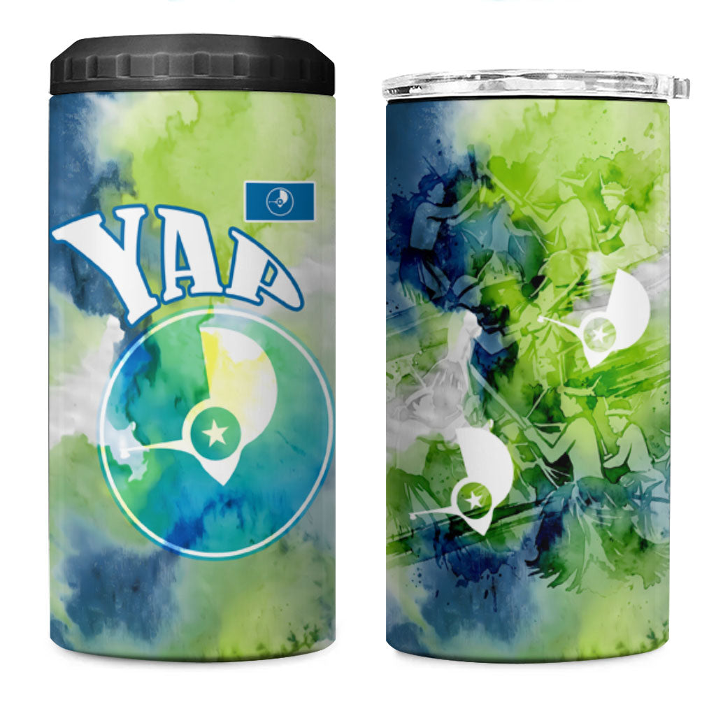 Yap Island Heritage Cultural Symbol 4 in 1 Can Cooler Tumbler Micronesian Flag Stone Money Watercolor Abstract Art Design