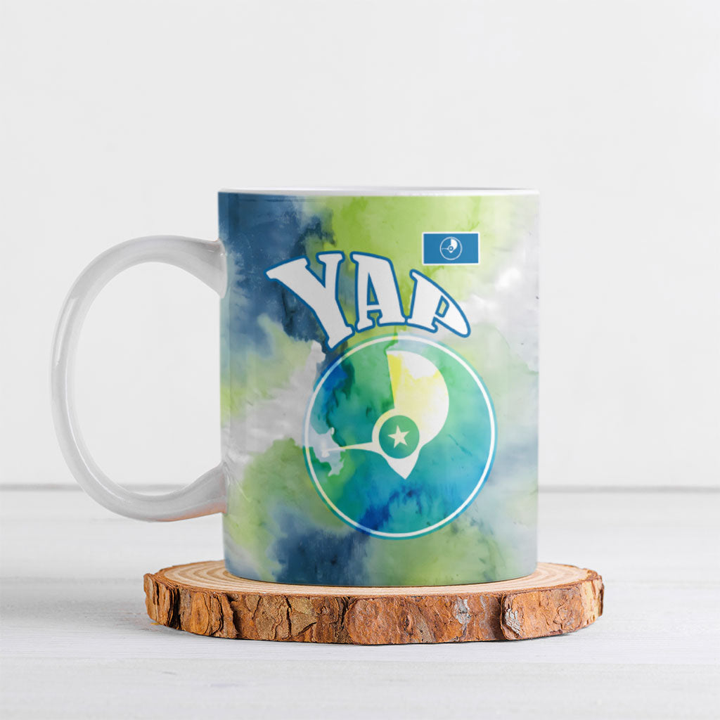 Yap Island Heritage Cultural Symbol Ceramic Mug Micronesian Flag Stone Money Watercolor Abstract Art Design