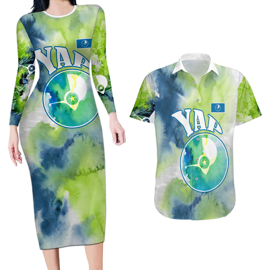 Yap Island Heritage Cultural Symbol Couples Matching Long Sleeve Bodycon Dress and Hawaiian Shirt Micronesian Flag Stone Money Watercolor Abstract Art Design