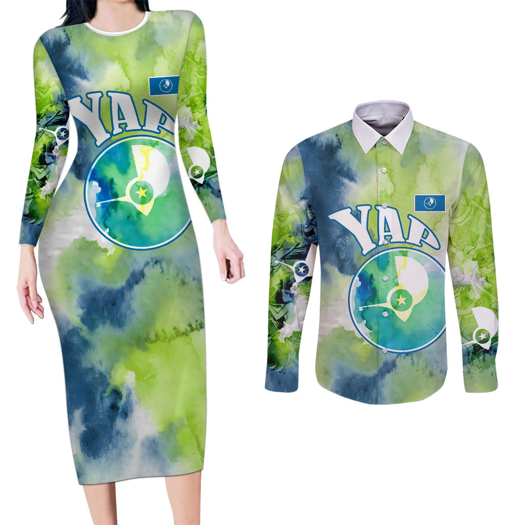 Yap Island Heritage Cultural Symbol Couples Matching Long Sleeve Bodycon Dress and Long Sleeve Button Shirt Micronesian Flag Stone Money Watercolor Abstract Art Design