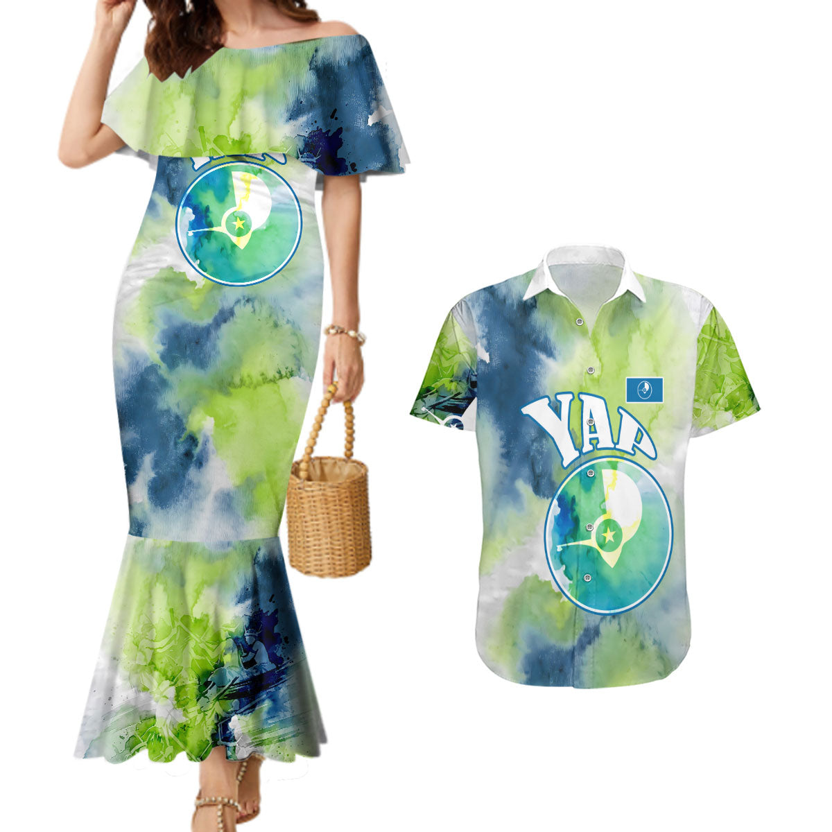 Yap Island Heritage Cultural Symbol Couples Matching Mermaid Dress and Hawaiian Shirt Micronesian Flag Stone Money Watercolor Abstract Art Design
