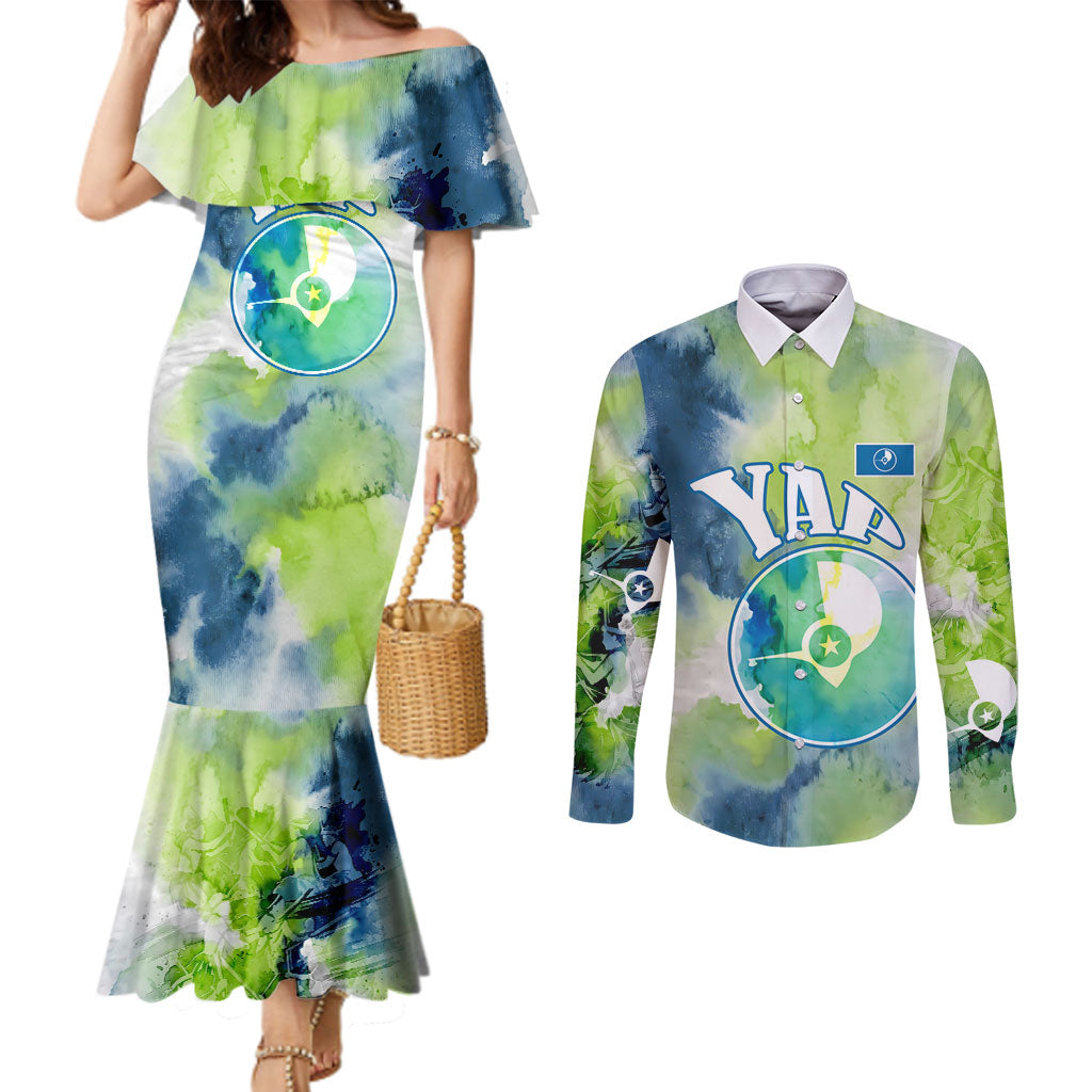 Yap Island Heritage Cultural Symbol Couples Matching Mermaid Dress and Long Sleeve Button Shirt Micronesian Flag Stone Money Watercolor Abstract Art Design