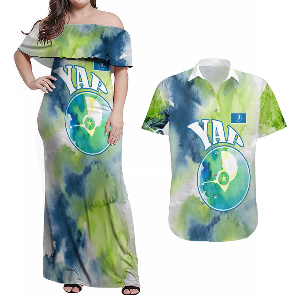 Yap Island Heritage Cultural Symbol Couples Matching Off Shoulder Maxi Dress and Hawaiian Shirt Micronesian Flag Stone Money Watercolor Abstract Art Design