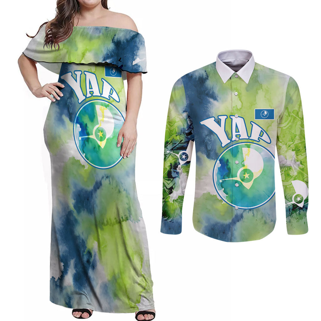 Yap Island Heritage Cultural Symbol Couples Matching Off Shoulder Maxi Dress and Long Sleeve Button Shirt Micronesian Flag Stone Money Watercolor Abstract Art Design