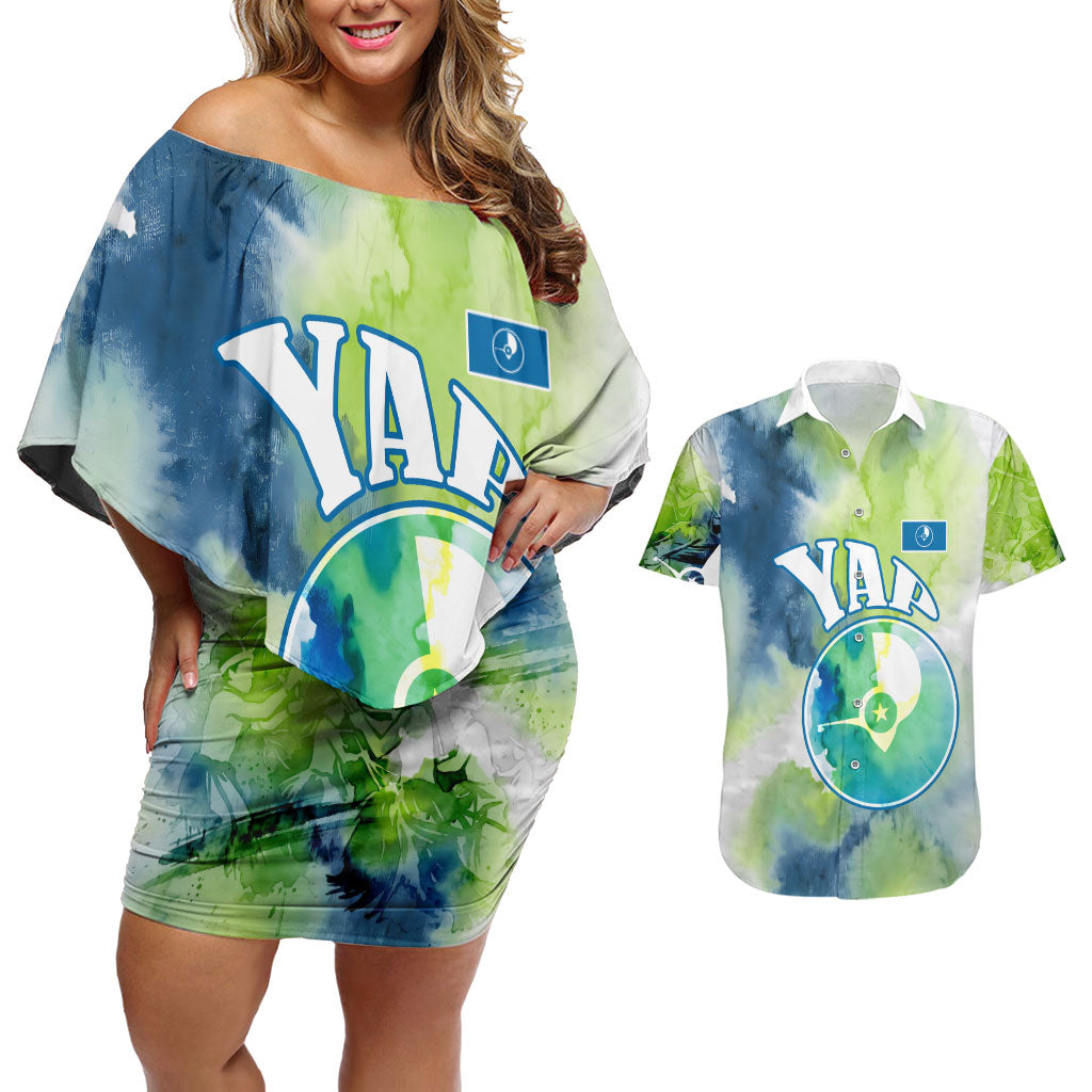 Yap Island Heritage Cultural Symbol Couples Matching Off Shoulder Short Dress and Hawaiian Shirt Micronesian Flag Stone Money Watercolor Abstract Art Design