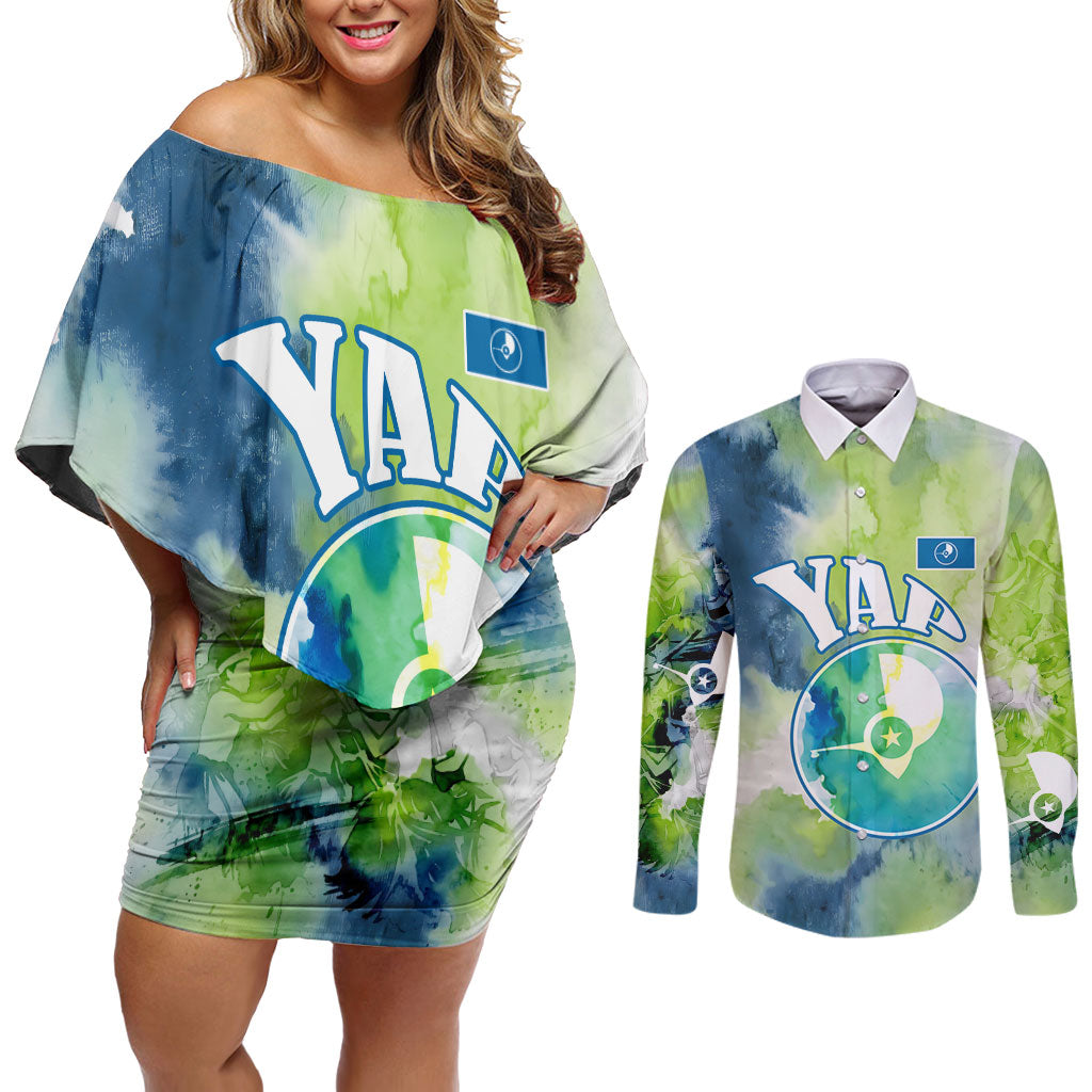 Yap Island Heritage Cultural Symbol Couples Matching Off Shoulder Short Dress and Long Sleeve Button Shirt Micronesian Flag Stone Money Watercolor Abstract Art Design