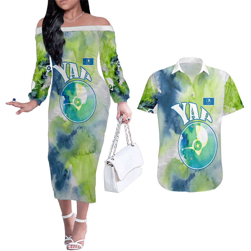 Yap Island Heritage Cultural Symbol Couples Matching Off The Shoulder Long Sleeve Dress and Hawaiian Shirt Micronesian Flag Stone Money Watercolor Abstract Art Design