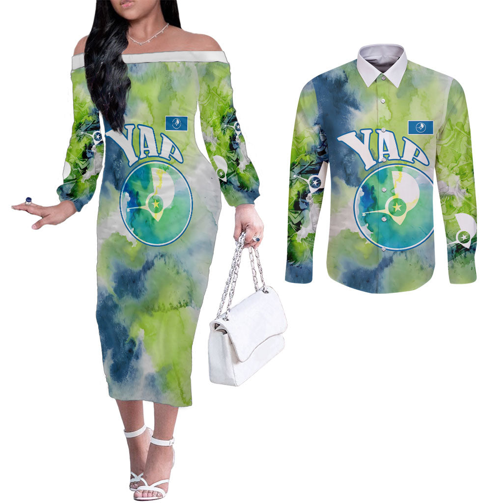Yap Island Heritage Cultural Symbol Couples Matching Off The Shoulder Long Sleeve Dress and Long Sleeve Button Shirt Micronesian Flag Stone Money Watercolor Abstract Art Design