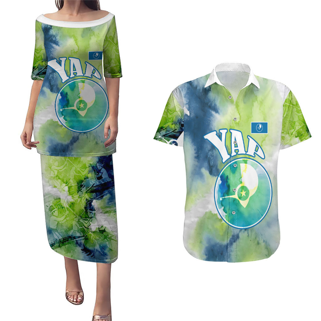 Yap Island Heritage Cultural Symbol Couples Matching Puletasi and Hawaiian Shirt Micronesian Flag Stone Money Watercolor Abstract Art Design