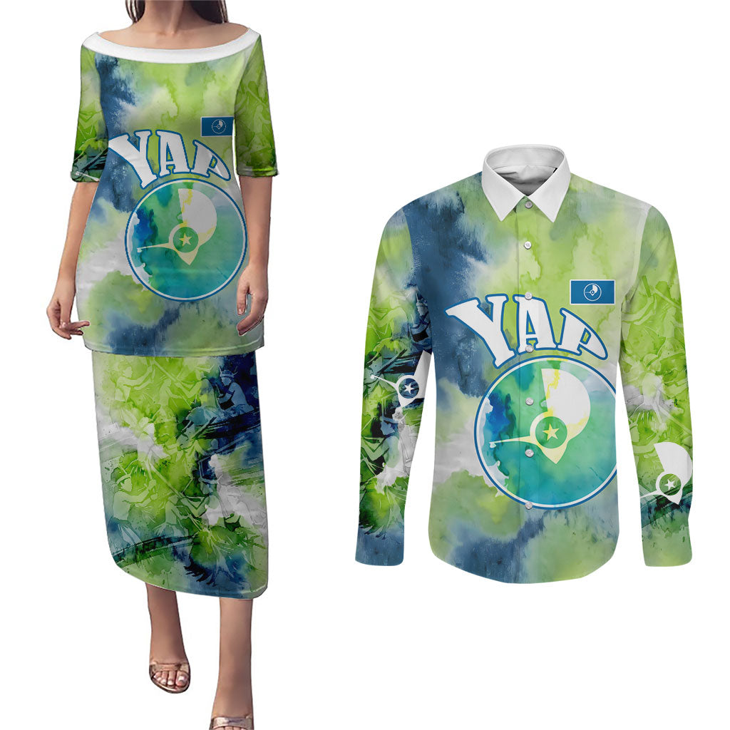 Yap Island Heritage Cultural Symbol Couples Matching Puletasi and Long Sleeve Button Shirt Micronesian Flag Stone Money Watercolor Abstract Art Design