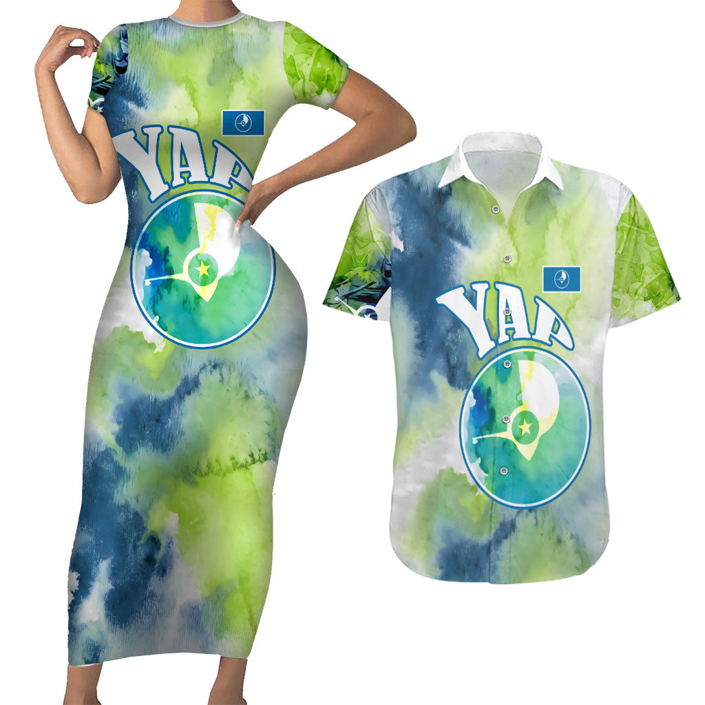 Yap Island Heritage Cultural Symbol Couples Matching Short Sleeve Bodycon Dress and Hawaiian Shirt Micronesian Flag Stone Money Watercolor Abstract Art Design
