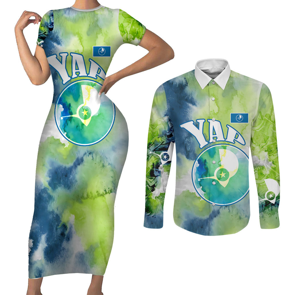 Yap Island Heritage Cultural Symbol Couples Matching Short Sleeve Bodycon Dress and Long Sleeve Button Shirt Micronesian Flag Stone Money Watercolor Abstract Art Design