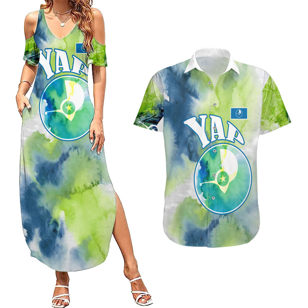 Yap Island Heritage Cultural Symbol Couples Matching Summer Maxi Dress and Hawaiian Shirt Micronesian Flag Stone Money Watercolor Abstract Art Design