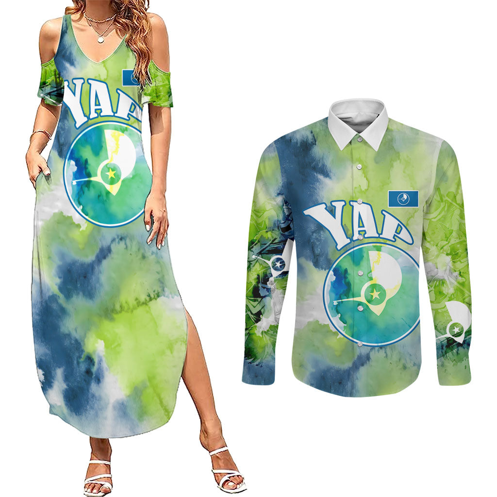 Yap Island Heritage Cultural Symbol Couples Matching Summer Maxi Dress and Long Sleeve Button Shirt Micronesian Flag Stone Money Watercolor Abstract Art Design