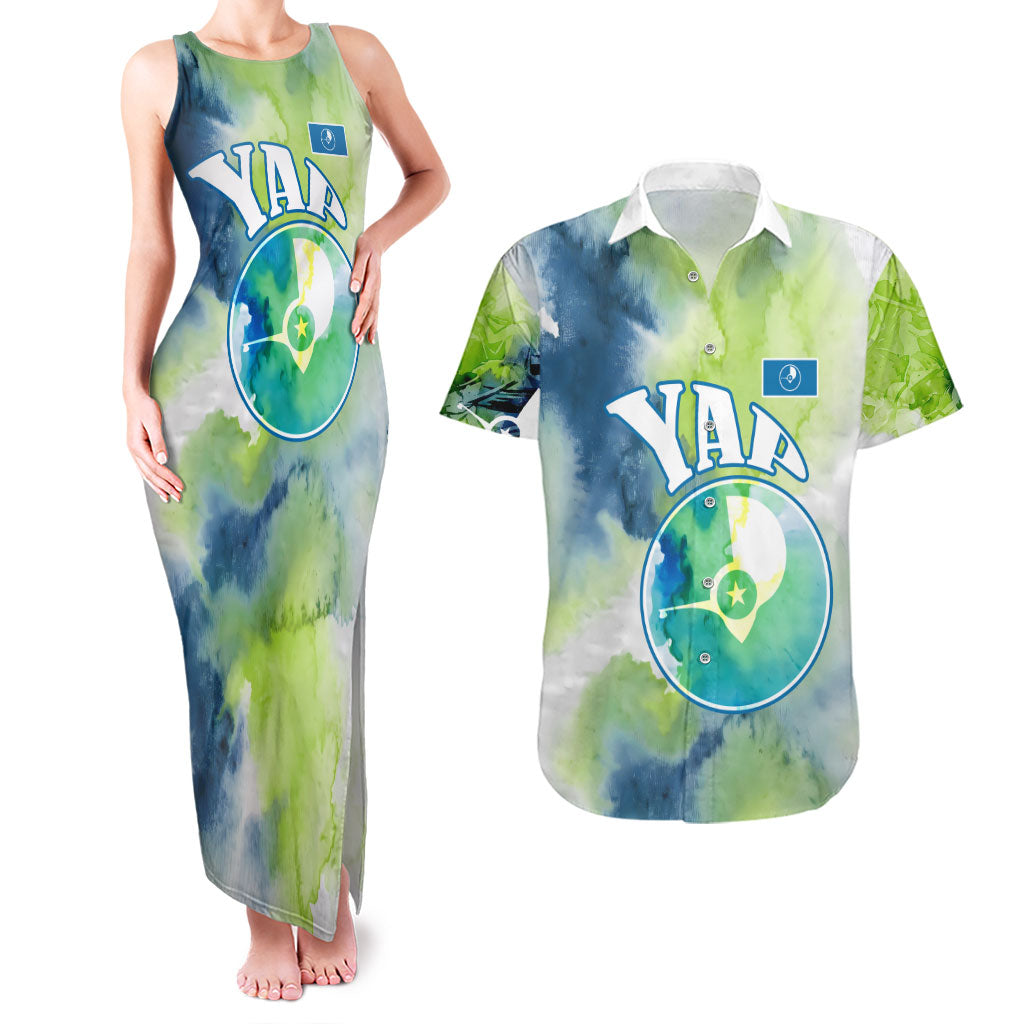 Yap Island Heritage Cultural Symbol Couples Matching Tank Maxi Dress and Hawaiian Shirt Micronesian Flag Stone Money Watercolor Abstract Art Design