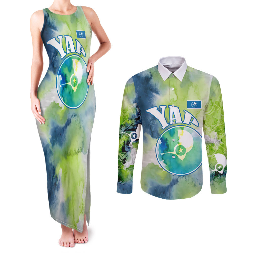 Yap Island Heritage Cultural Symbol Couples Matching Tank Maxi Dress and Long Sleeve Button Shirt Micronesian Flag Stone Money Watercolor Abstract Art Design