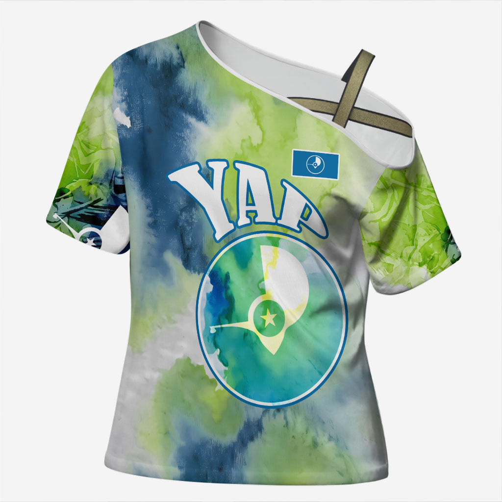 Yap Island Heritage Cultural Symbol Cross Shoulder Shirt Micronesian Flag Stone Money Watercolor Abstract Art Design