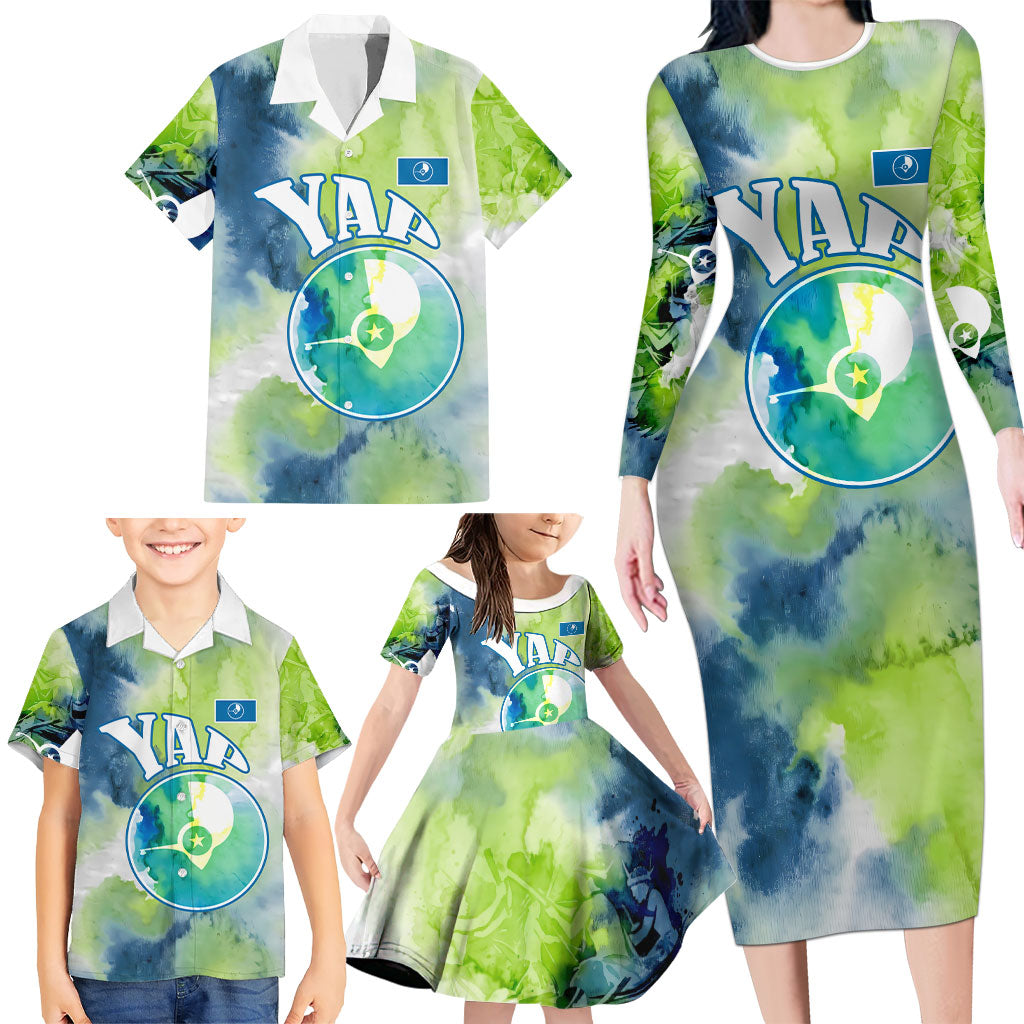 Yap Island Heritage Cultural Symbol Family Matching Long Sleeve Bodycon Dress and Hawaiian Shirt Micronesian Flag Stone Money Watercolor Abstract Art Design