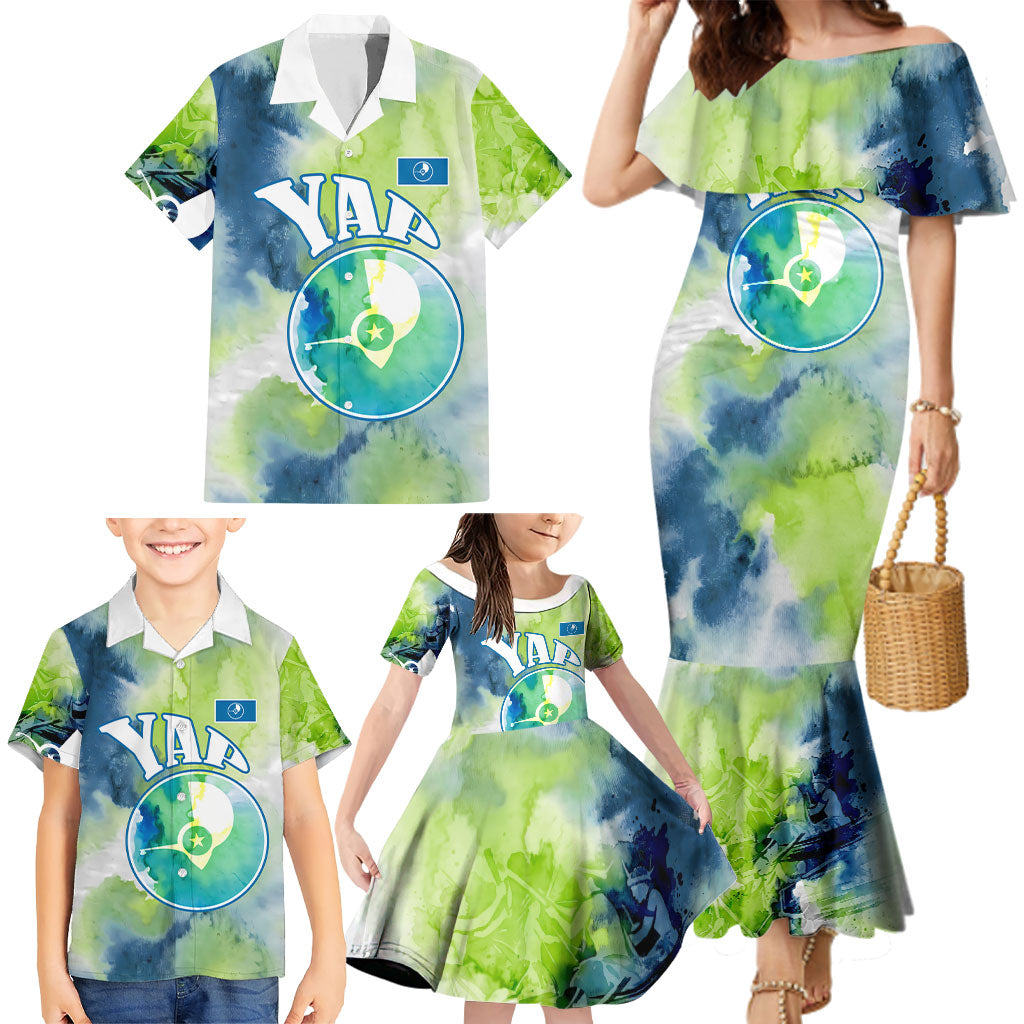 Yap Island Heritage Cultural Symbol Family Matching Mermaid Dress and Hawaiian Shirt Micronesian Flag Stone Money Watercolor Abstract Art Design