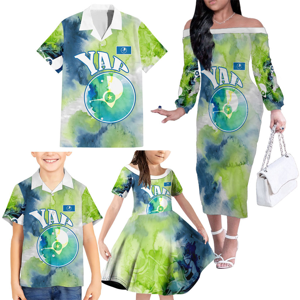 Yap Island Heritage Cultural Symbol Family Matching Off The Shoulder Long Sleeve Dress and Hawaiian Shirt Micronesian Flag Stone Money Watercolor Abstract Art Design