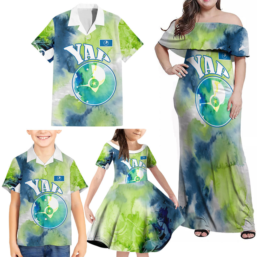 Yap Island Heritage Cultural Symbol Family Matching Off Shoulder Maxi Dress and Hawaiian Shirt Micronesian Flag Stone Money Watercolor Abstract Art Design
