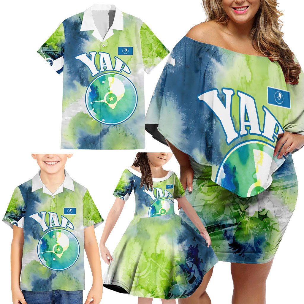 Yap Island Heritage Cultural Symbol Family Matching Off Shoulder Short Dress and Hawaiian Shirt Micronesian Flag Stone Money Watercolor Abstract Art Design