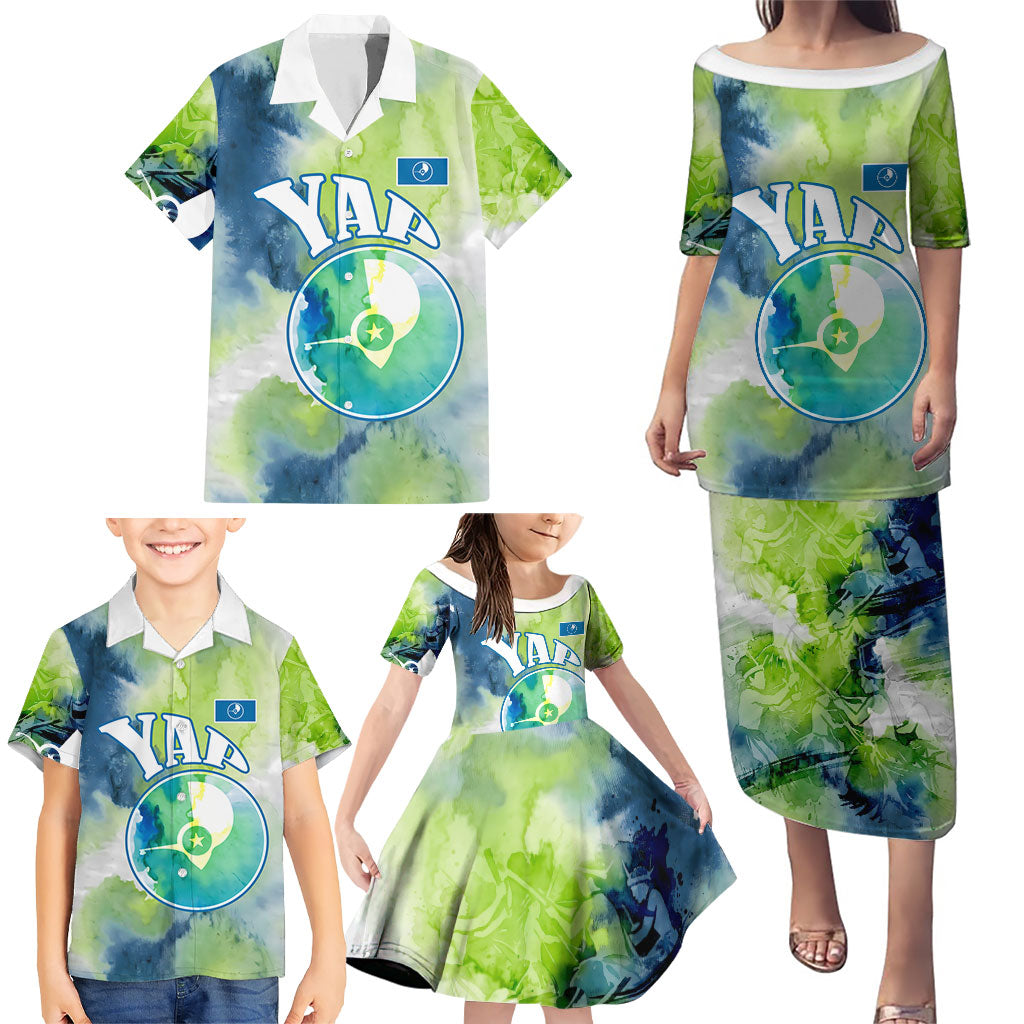 Yap Island Heritage Cultural Symbol Family Matching Puletasi and Hawaiian Shirt Micronesian Flag Stone Money Watercolor Abstract Art Design