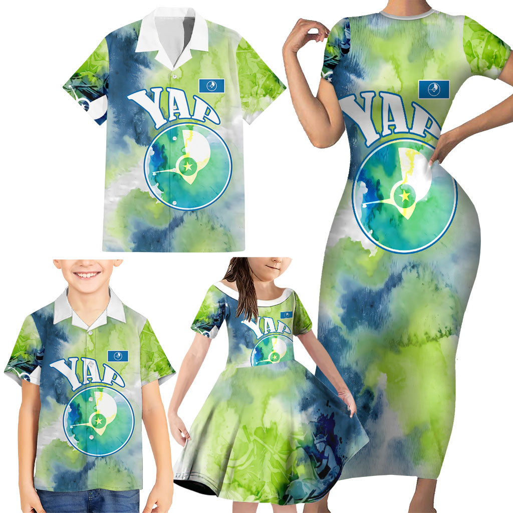 Yap Island Heritage Cultural Symbol Family Matching Short Sleeve Bodycon Dress and Hawaiian Shirt Micronesian Flag Stone Money Watercolor Abstract Art Design