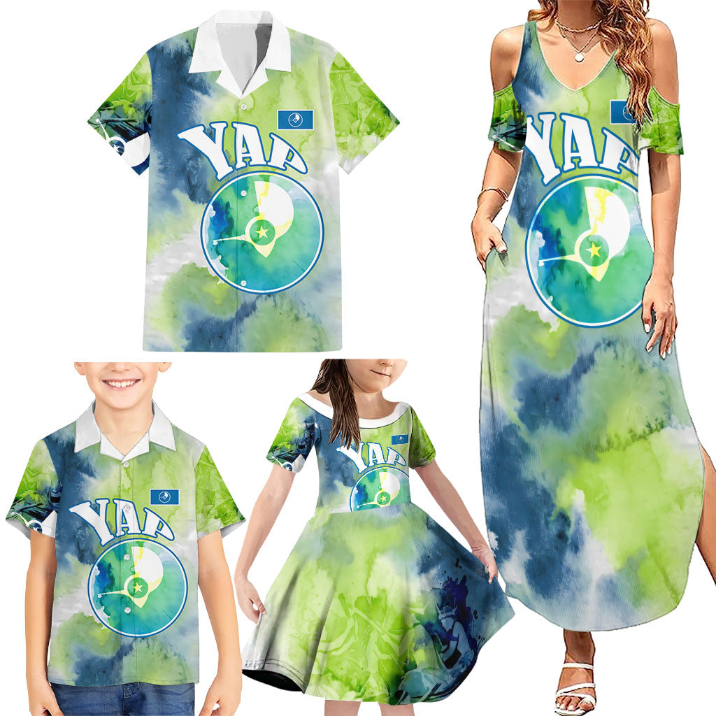 Yap Island Heritage Cultural Symbol Family Matching Summer Maxi Dress and Hawaiian Shirt Micronesian Flag Stone Money Watercolor Abstract Art Design