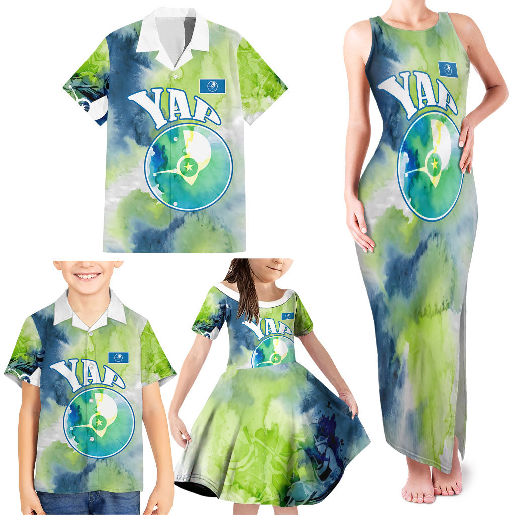 Yap Island Heritage Cultural Symbol Family Matching Tank Maxi Dress and Hawaiian Shirt Micronesian Flag Stone Money Watercolor Abstract Art Design