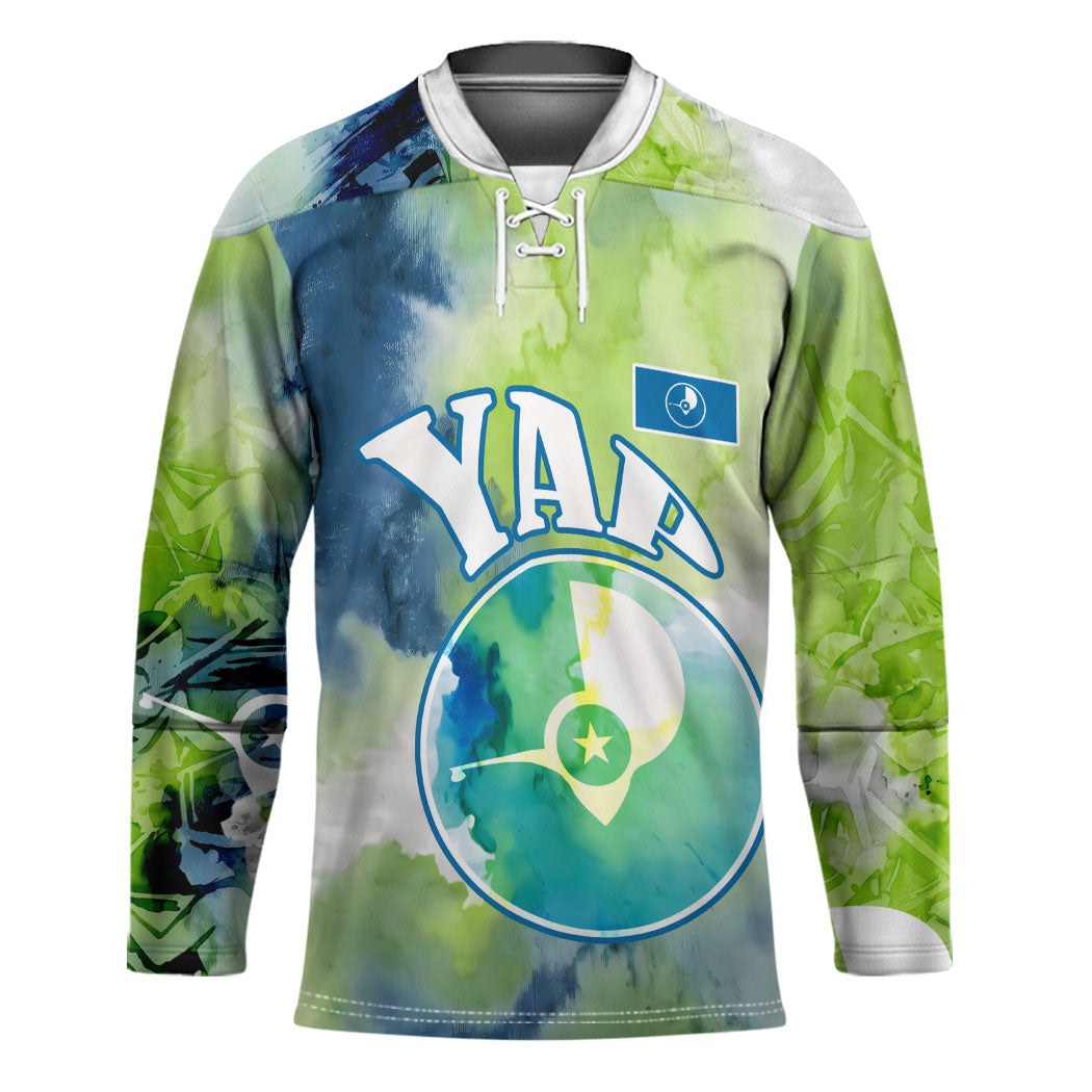 Yap Island Heritage Cultural Symbol Hockey Jersey Micronesian Flag Stone Money Watercolor Abstract Art Design