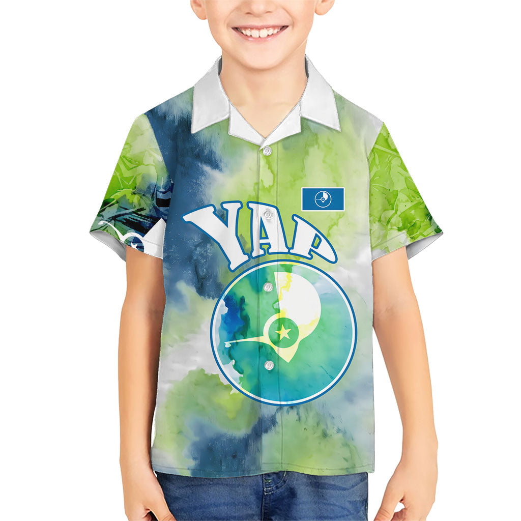 Yap Island Heritage Cultural Symbol Kid Hawaiian Shirt Micronesian Flag Stone Money Watercolor Abstract Art Design