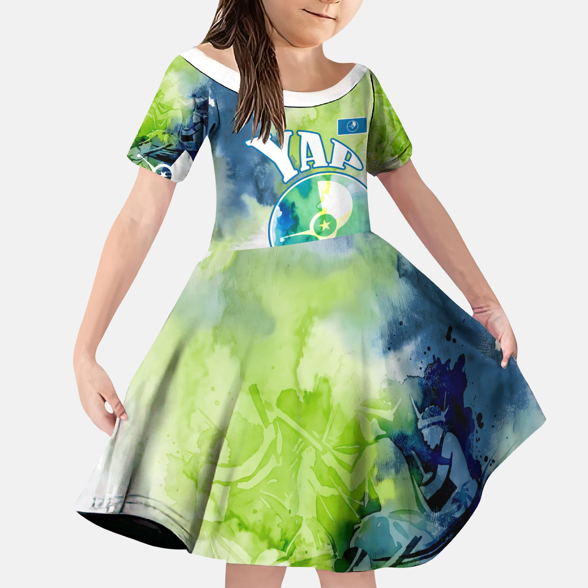Yap Island Heritage Cultural Symbol Kid Short Sleeve Dress Micronesian Flag Stone Money Watercolor Abstract Art Design